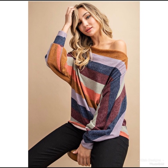 New! Trendy Comfy Off Shoulder Stripe Dolman Top. - Picture 3 of 7